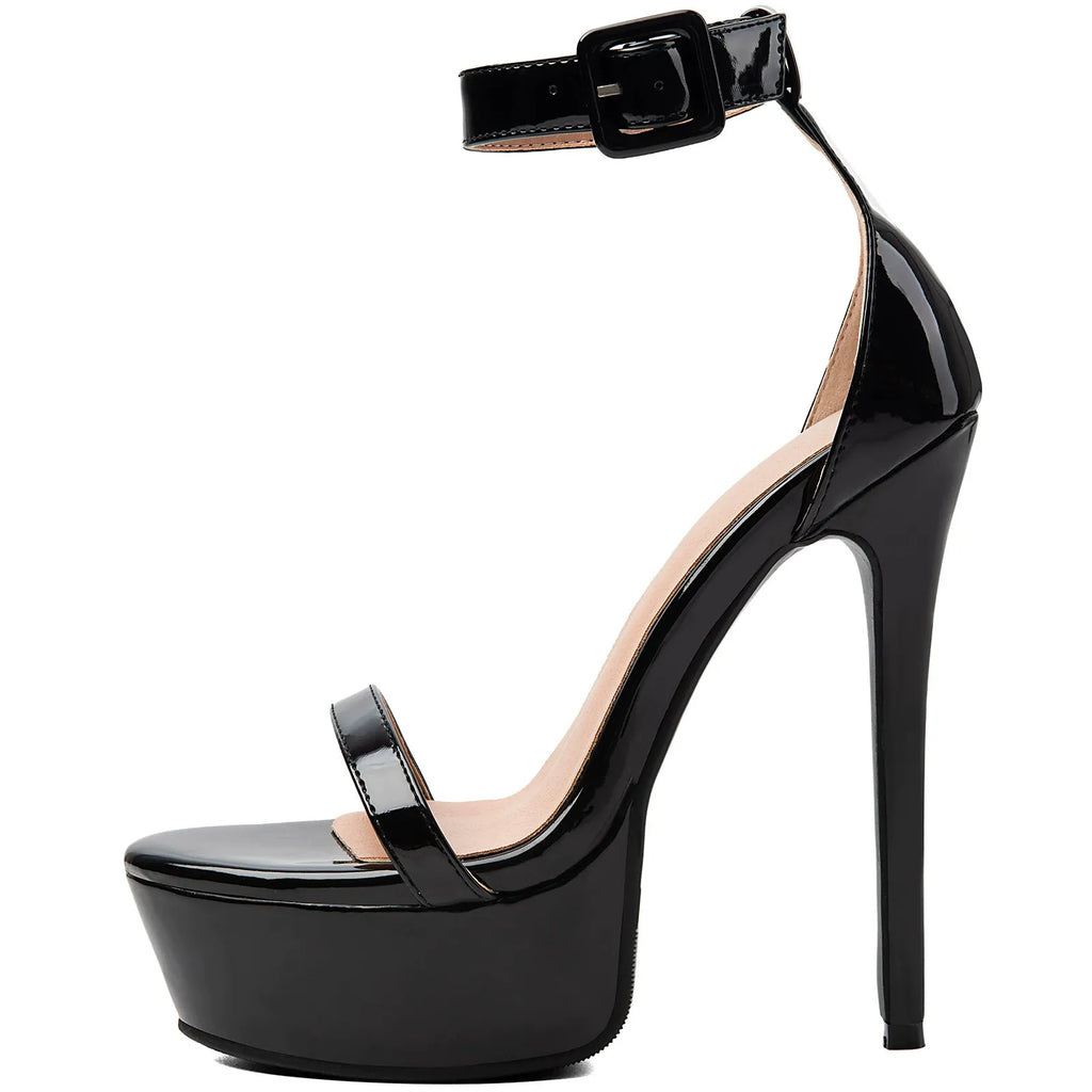 Black Patent Platform Stiletto Heels Women's Ankle Strap Sandals