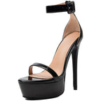 Black Patent Platform Stiletto Heels Women's Ankle Strap Sandals