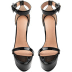 Black Patent Platform Stiletto Heels Women's Ankle Strap Sandals