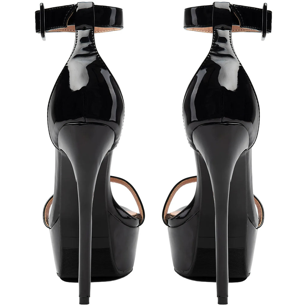 Black Patent Platform Stiletto Heels Women's Ankle Strap Sandals