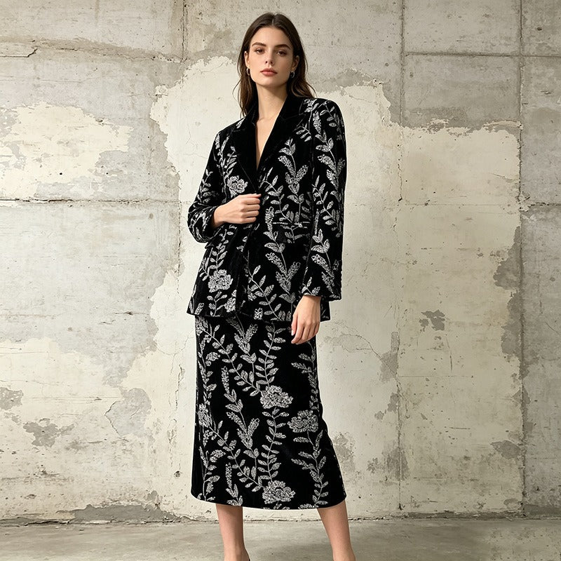 Black Silver Floral Embroidered Velvet Skirt Suit | 2 Piece Blazer & Midi Skirt Se - Styeenigma