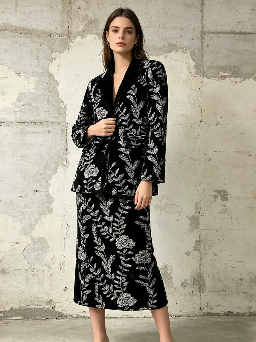 Black Silver Floral Embroidered Velvet Skirt Suit | 2 Piece Blazer & Midi Skirt Se