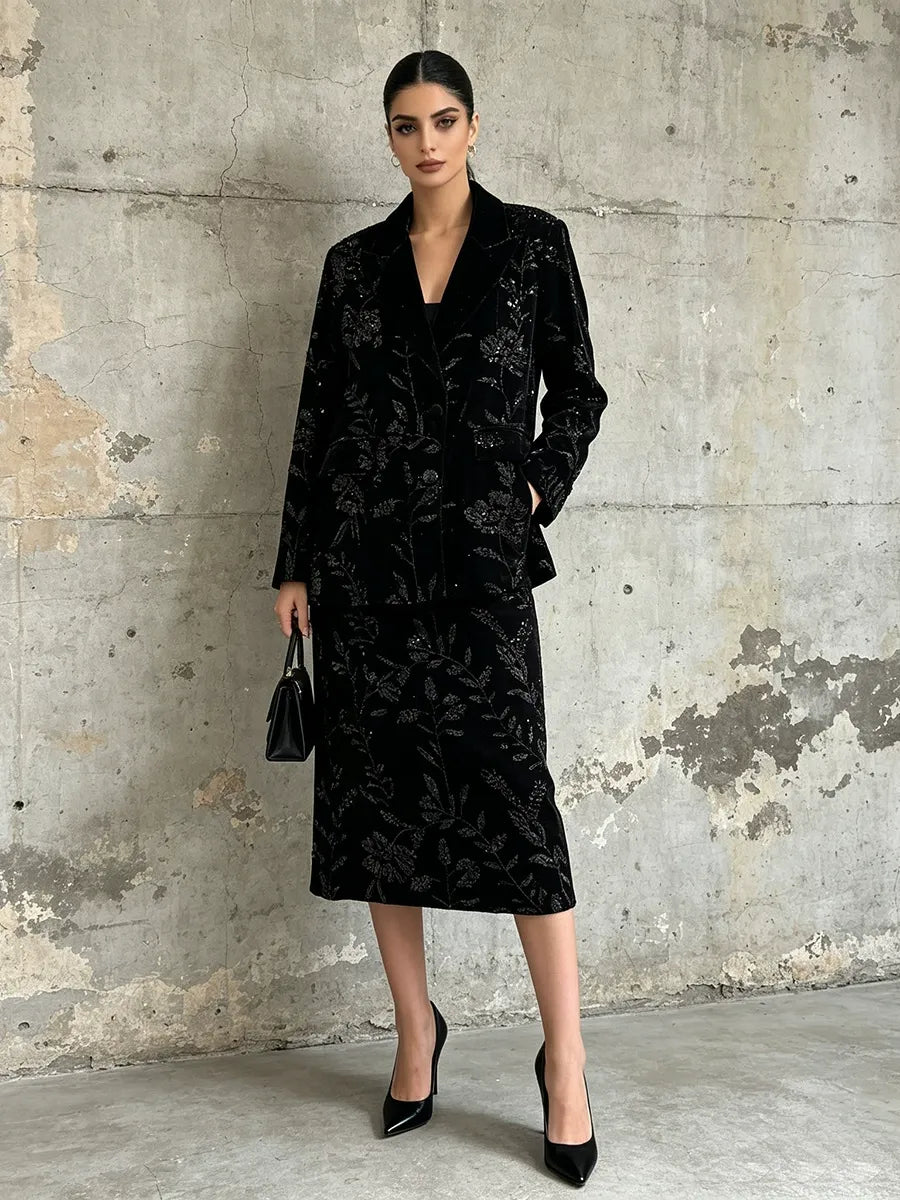 Black Silver Floral Embroidered Velvet Skirt Suit | 2 Piece Blazer & Midi Skirt Se