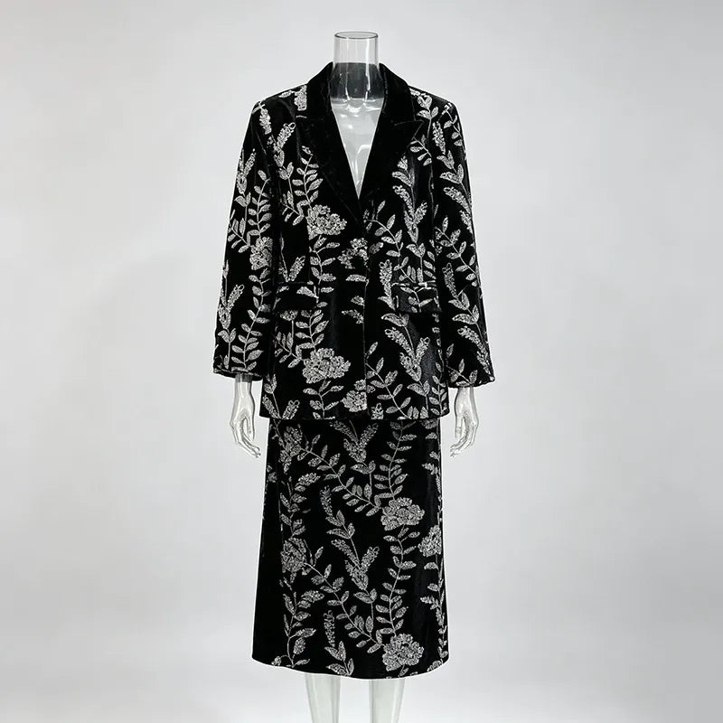 Black Silver Floral Embroidered Velvet Skirt Suit | 2 Piece Blazer & Midi Skirt Se