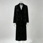Black Silver Floral Embroidered Velvet Skirt Suit | 2 Piece Blazer & Midi Skirt Se