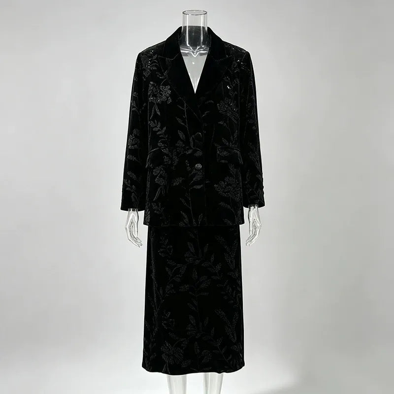Black Silver Floral Embroidered Velvet Skirt Suit | 2 Piece Blazer & Midi Skirt Se