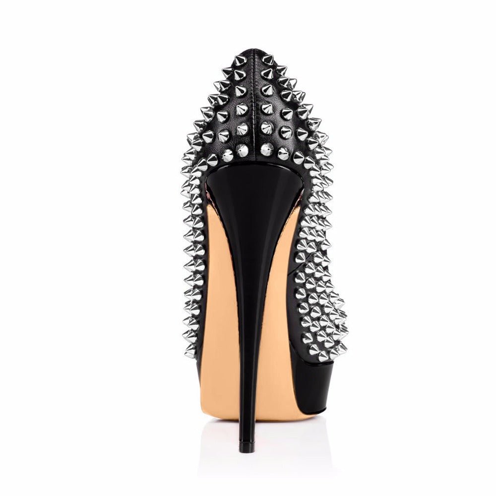Black Studded Peep-Toe Stiletto Heels – Punk Rock Platform Pumps - Styeenigma
