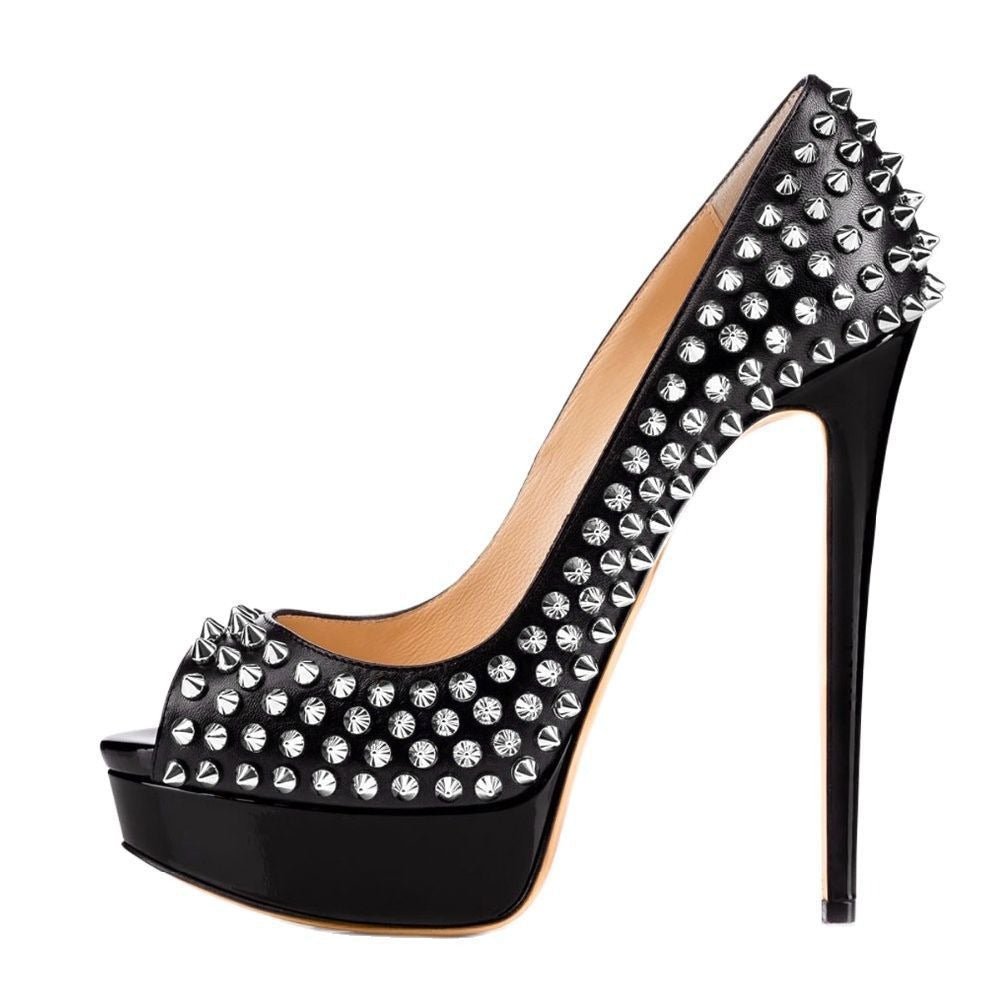 Black Studded Peep-Toe Stiletto Heels – Punk Rock Platform Pumps - Styeenigma