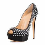 Black Studded Peep-Toe Stiletto Heels – Punk Rock Platform Pumps - Styeenigma