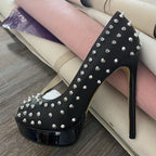 Black Studded Peep-Toe Stiletto Heels – Punk Rock Platform Pumps - Styeenigma