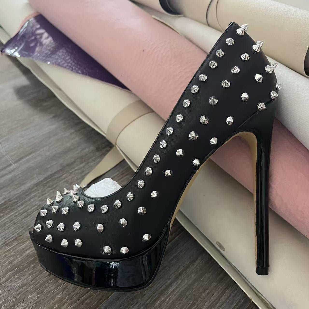 Black Studded Peep-Toe Stiletto Heels – Punk Rock Platform Pumps - Styeenigma