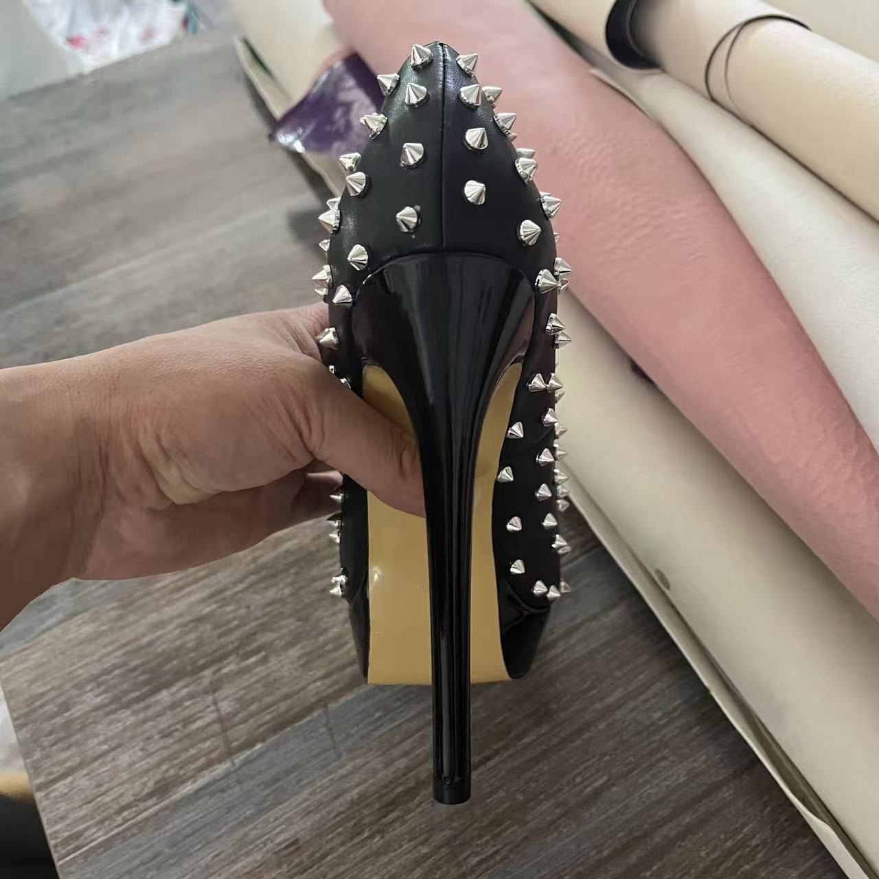 Black Studded Peep-Toe Stiletto Heels – Punk Rock Platform Pumps - Styeenigma