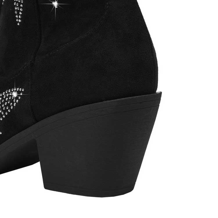 Black Suede Rhinestone Cowboy Boots Star Embellished Western Mid Calf Bootie - Styeenigma