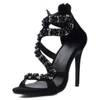 Black Suede Rhinestone Heels - Strappy Stiletto Sandals for Women | Evening Party Pumps - Styeenigma