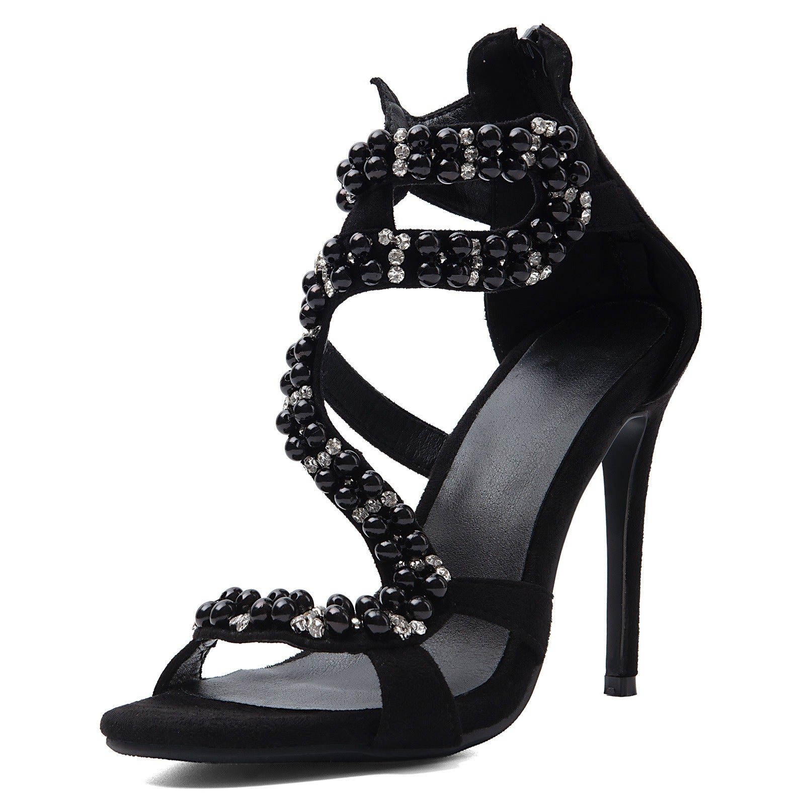 Black Suede Rhinestone Heels - Strappy Stiletto Sandals for Women | Evening Party Pumps - Styeenigma