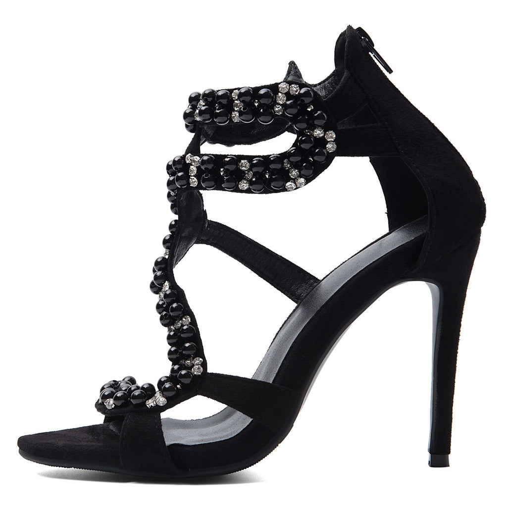 Black Suede Rhinestone Heels - Strappy Stiletto Sandals for Women | Evening Party Pumps - Styeenigma