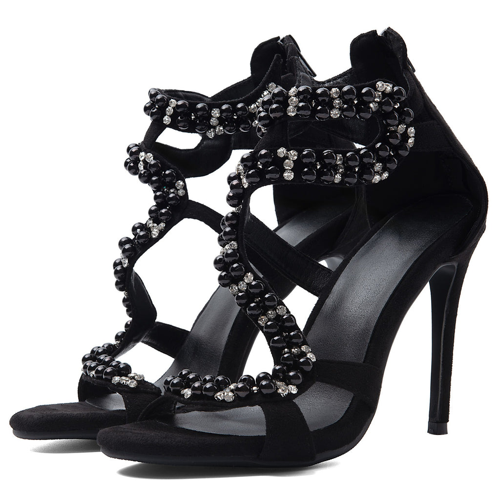 Black Suede Rhinestone Heels - Strappy Stiletto Sandals for Women | Evening Party Pumps - Styeenigma