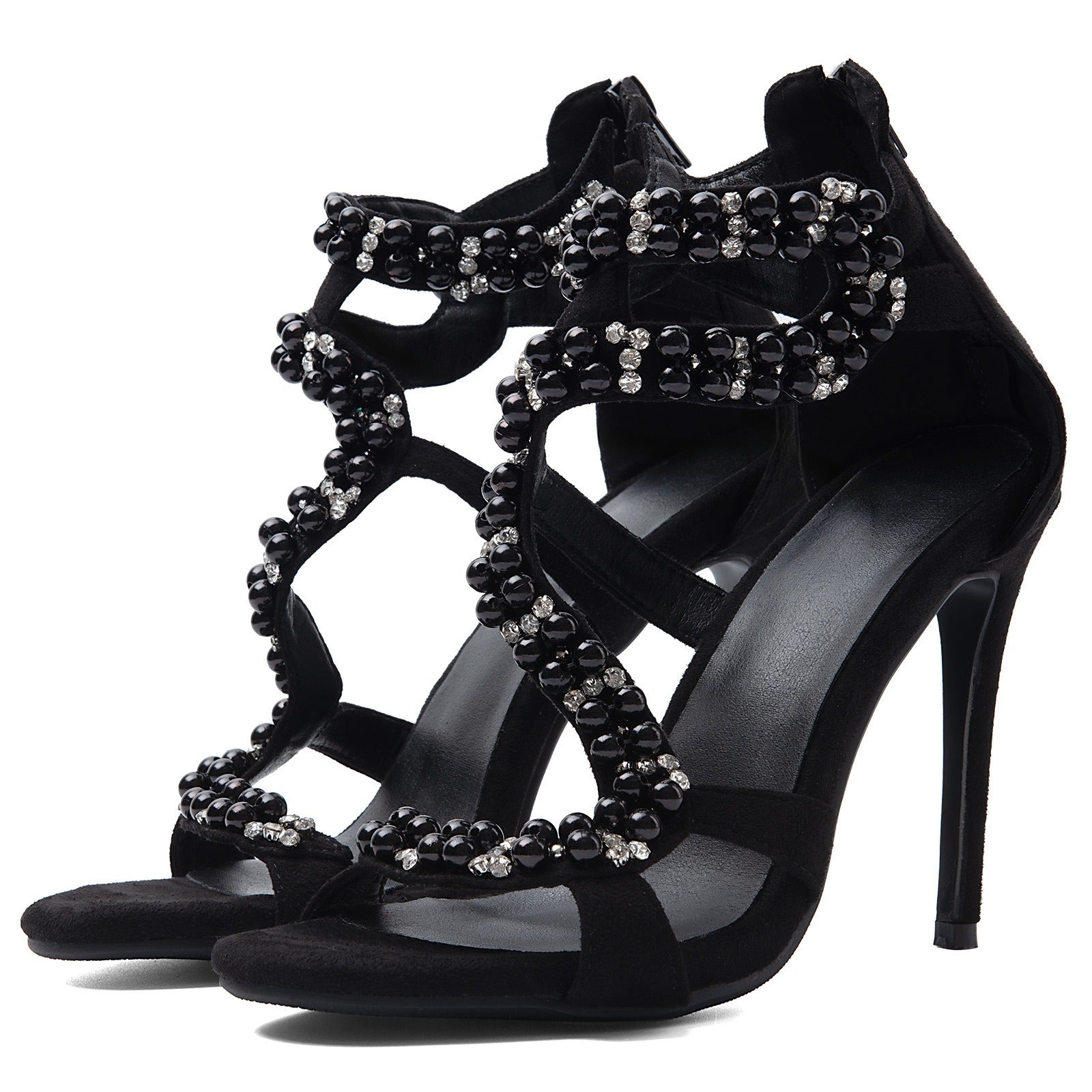 Black Suede Rhinestone Heels - Strappy Stiletto Sandals for Women | Evening Party Pumps - Styeenigma