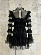 Black Tulle Ruffle Mini Dress Women's Tiered Sheer Mesh Long Sleeve