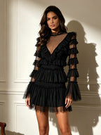 Black Tulle Ruffle Mini Dress Women's Tiered Sheer Mesh Long Sleeve