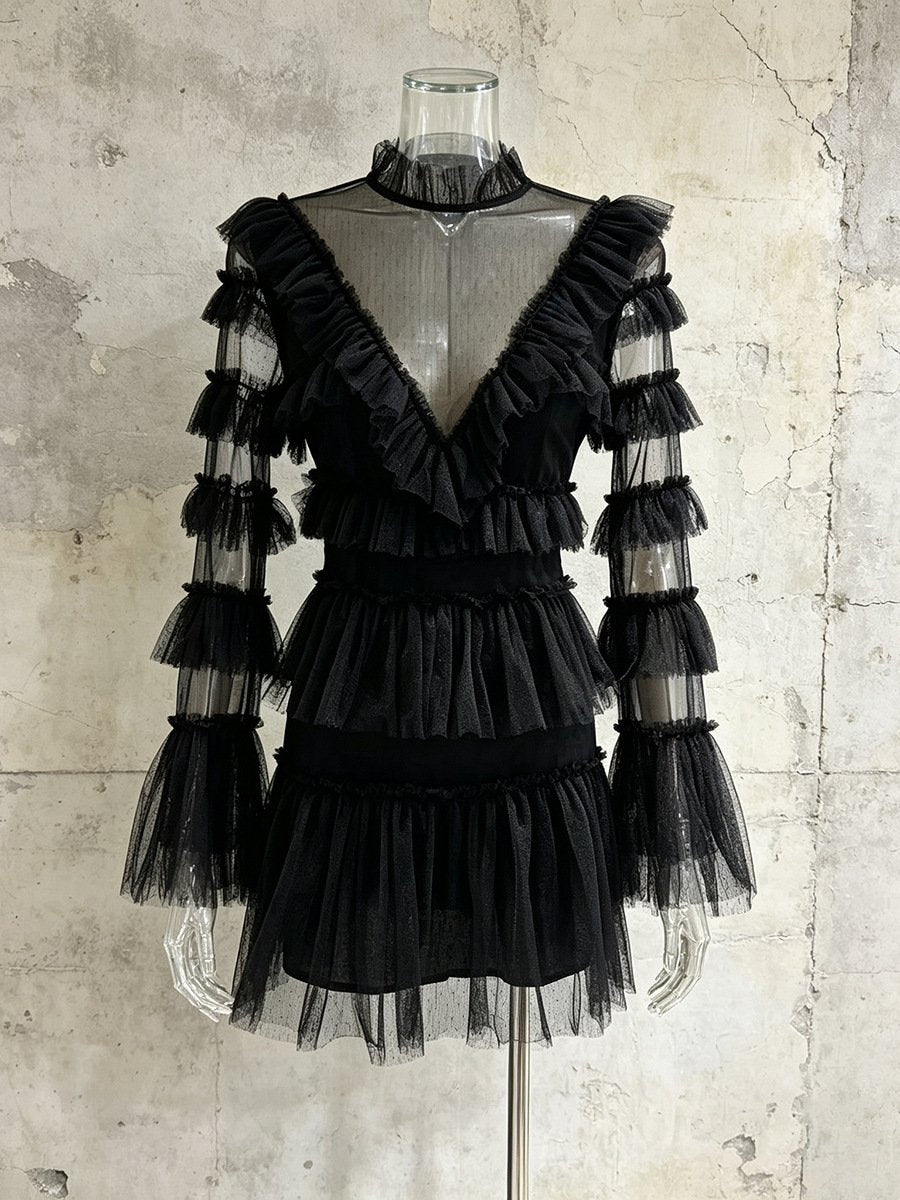 Black Tulle Ruffle Mini Dress Women's Tiered Sheer Mesh Long Sleeve