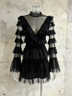 Black Tulle Ruffle Mini Dress Women's Tiered Sheer Mesh Long Sleeve