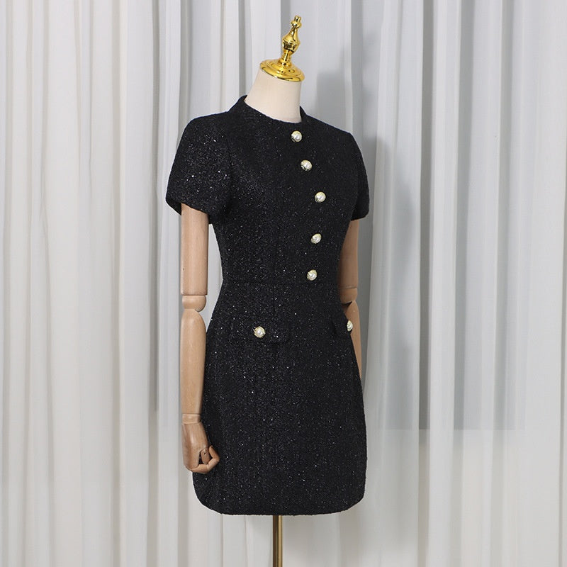 Tweed Party Dress | Short Sleeve Pearl Button Mini Dress