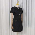 Tweed Party Dress | Short Sleeve Pearl Button Mini Dress