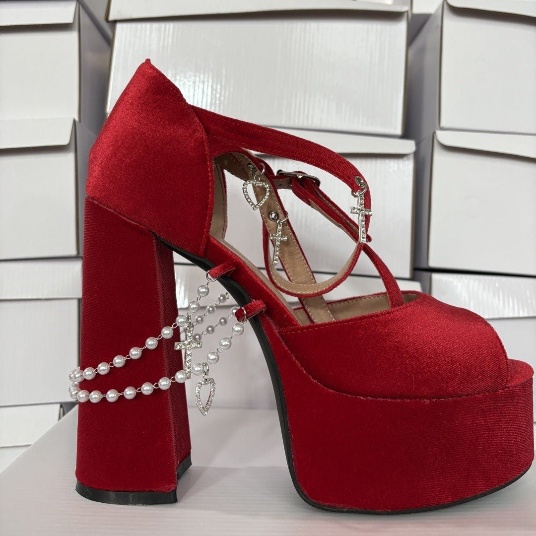 Velvet Platform Sandals - Goth Punk Chunky Heel Lace Up Heels with Cross & Charms - Styeenigma