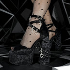 Velvet Platform Sandals - Goth Punk Chunky Heel Lace Up Heels with Cross & Charms - Styeenigma
