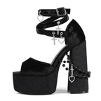 Velvet Platform Sandals - Goth Punk Chunky Heel Lace Up Heels with Cross & Charms - Styeenigma