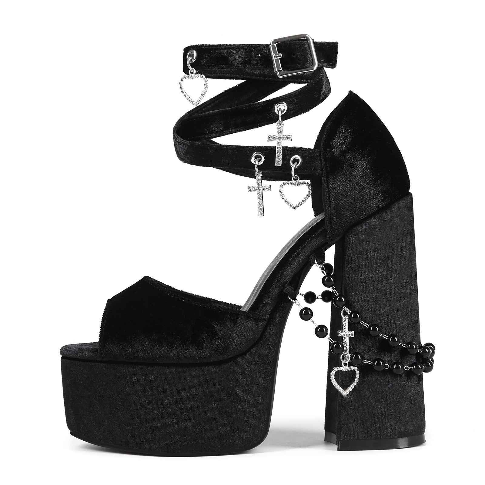 Velvet Platform Sandals - Goth Punk Chunky Heel Lace Up Heels with Cross & Charms - Styeenigma
