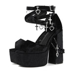 Velvet Platform Sandals - Goth Punk Chunky Heel Lace Up Heels with Cross & Charms - Styeenigma