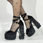 Velvet Platform Sandals - Goth Punk Chunky Heel Lace Up Heels with Cross & Charms - Styeenigma