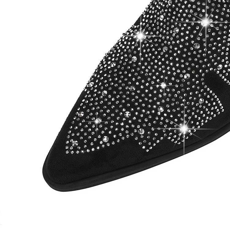 Black Suede Rhinestone Cowboy Boots Star Embellished Western Mid Calf Bootie - Styeenigma