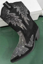 Black Suede Rhinestone Cowboy Boots Star Embellished Western Mid Calf Bootie - Styeenigma