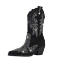 Black Suede Rhinestone Cowboy Boots Star Embellished Western Mid Calf Bootie - Styeenigma