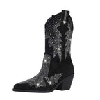 Black Suede Rhinestone Cowboy Boots Star Embellished Western Mid Calf Bootie - Styeenigma