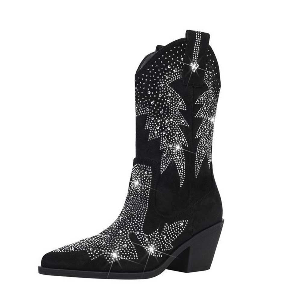Black Suede Rhinestone Cowboy Boots Star Embellished Western Mid Calf Bootie - Styeenigma