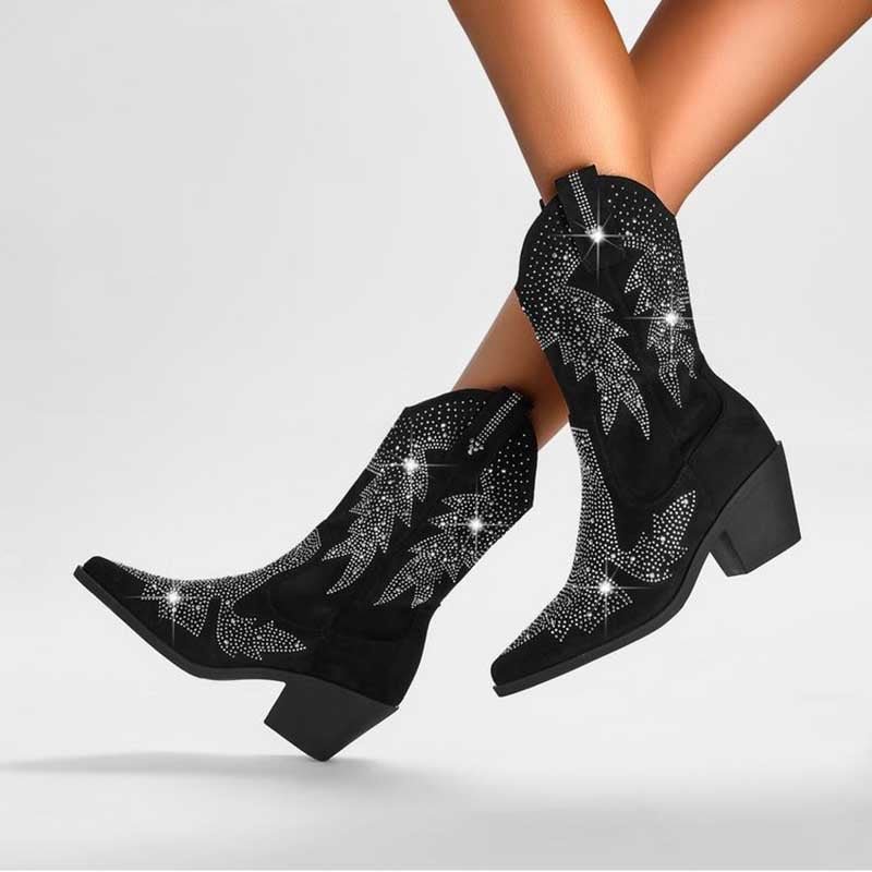 Black Suede Rhinestone Cowboy Boots Star Embellished Western Mid Calf Bootie - Styeenigma