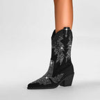 Black Suede Rhinestone Cowboy Boots Star Embellished Western Mid Calf Bootie - Styeenigma