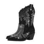 Black Suede Rhinestone Cowboy Boots Star Embellished Western Mid Calf Bootie - Styeenigma