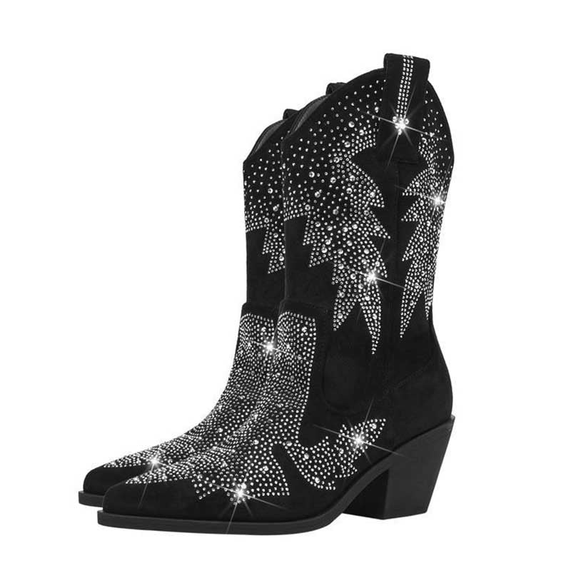Black Suede Rhinestone Cowboy Boots Star Embellished Western Mid Calf Bootie - Styeenigma