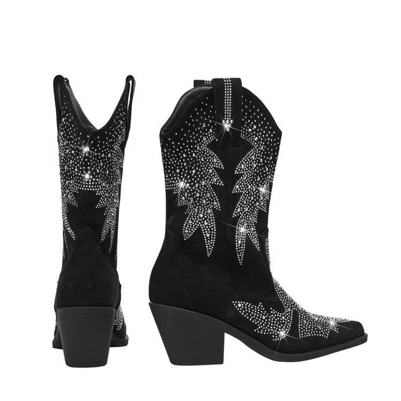 Black Suede Rhinestone Cowboy Boots Star Embellished Western Mid Calf Bootie - Styeenigma