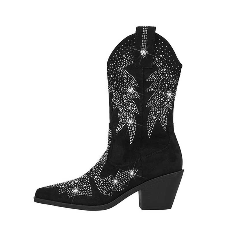 Black Suede Rhinestone Cowboy Boots Star Embellished Western Mid Calf Bootie - Styeenigma