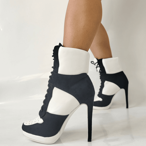 Black & White High Heel Ankle Boots - Sexy Platform Lace Up Stiletto Booties for Women - Styeenigma