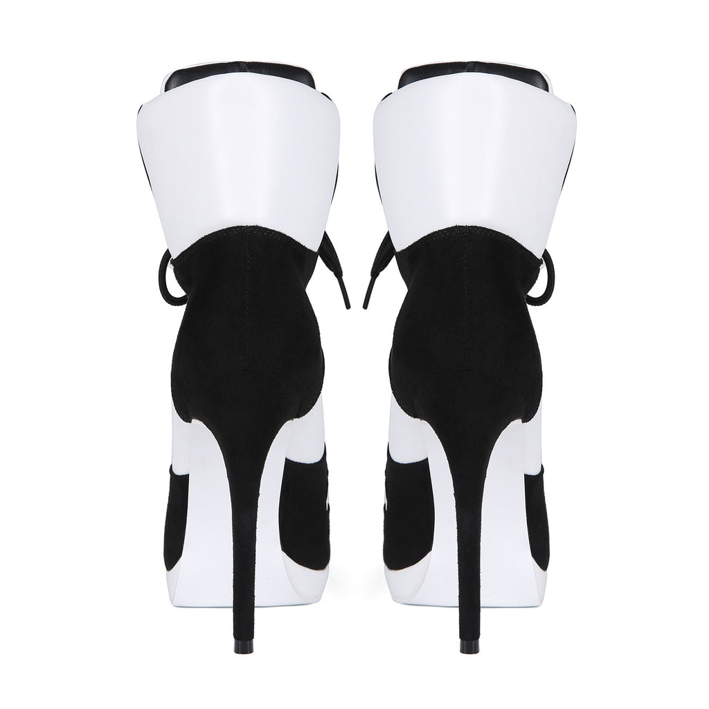 Black & White High Heel Ankle Boots - Sexy Platform Lace Up Stiletto Booties for Women - Styeenigma