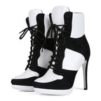 Black & White High Heel Ankle Boots - Sexy Platform Lace Up Stiletto Booties for Women - Styeenigma