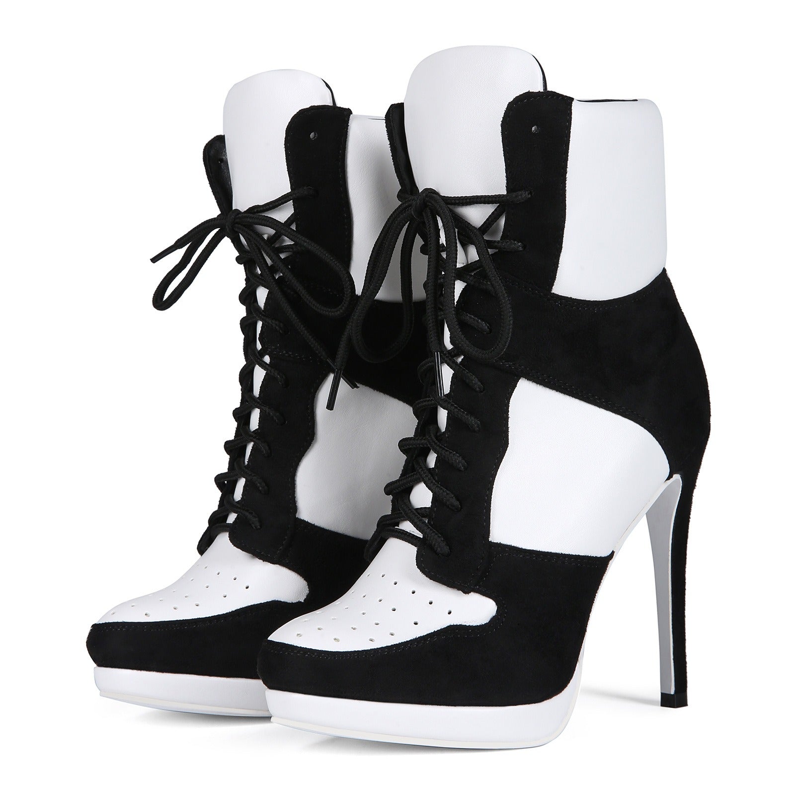 Black & White High Heel Ankle Boots - Sexy Platform Lace Up Stiletto Booties for Women - Styeenigma