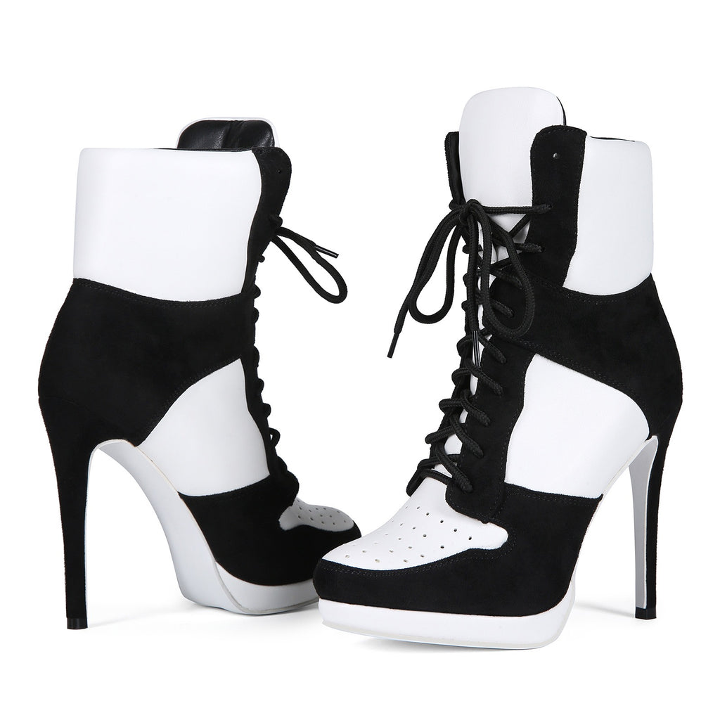Black & White High Heel Ankle Boots - Sexy Platform Lace Up Stiletto Booties for Women - Styeenigma